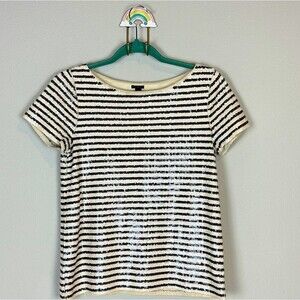 J. Crew Black Ivory Sequined Striped Short Sleeve Top XS